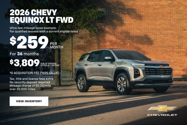 2026 Chevy Equinox LT FWD. Ultra-low mileage lease example: For qualified lessees with a current ...